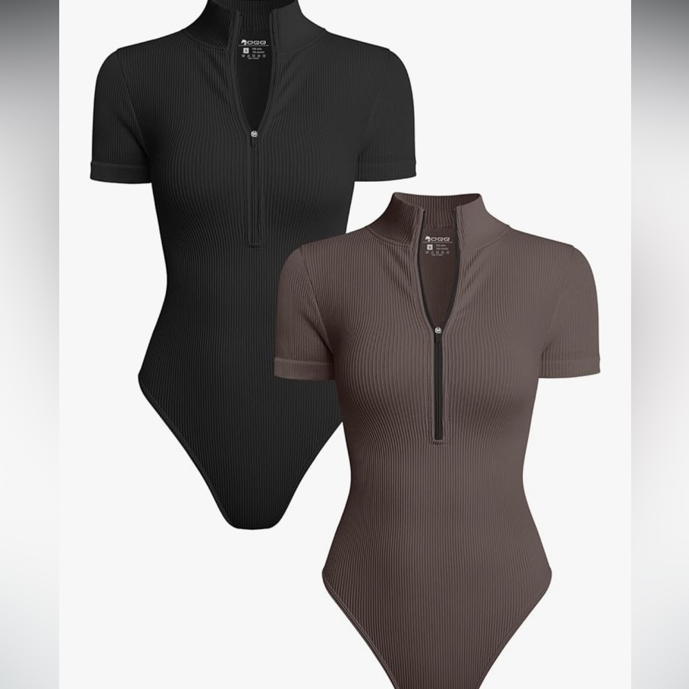 OQQ Ribbed Zip-Up Bodysuit - Black and Brown